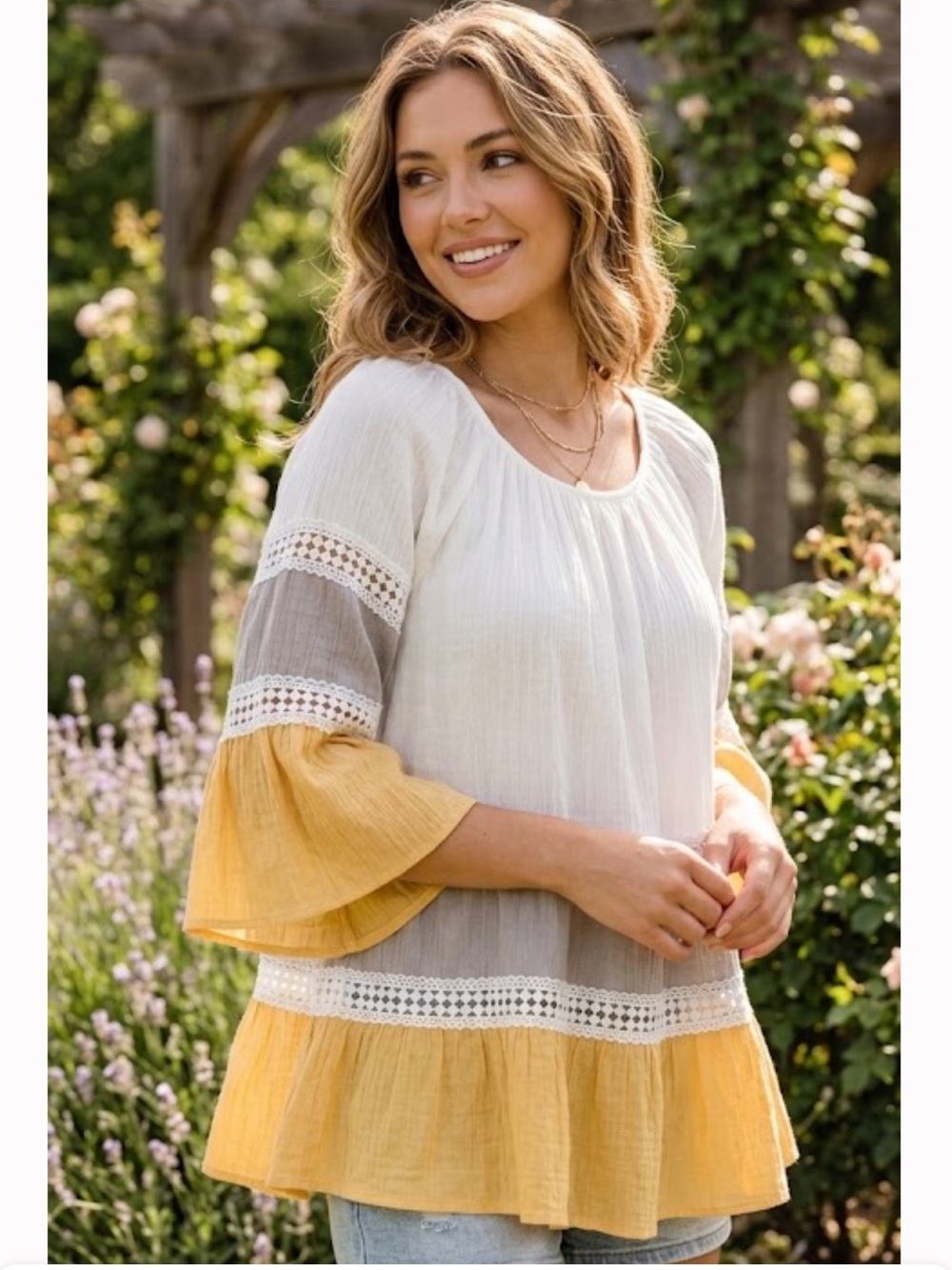 Kaktus White Gray and Yellow Tiered Crochet-Trim Peasant Tunic